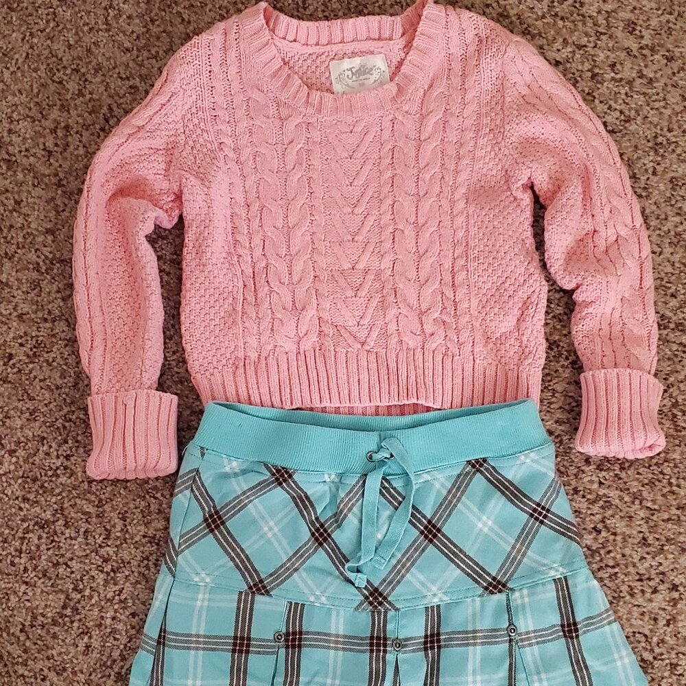 Girls Pink Justice Sweater & Basic Editions Blue/Brown Skort, size 10/12